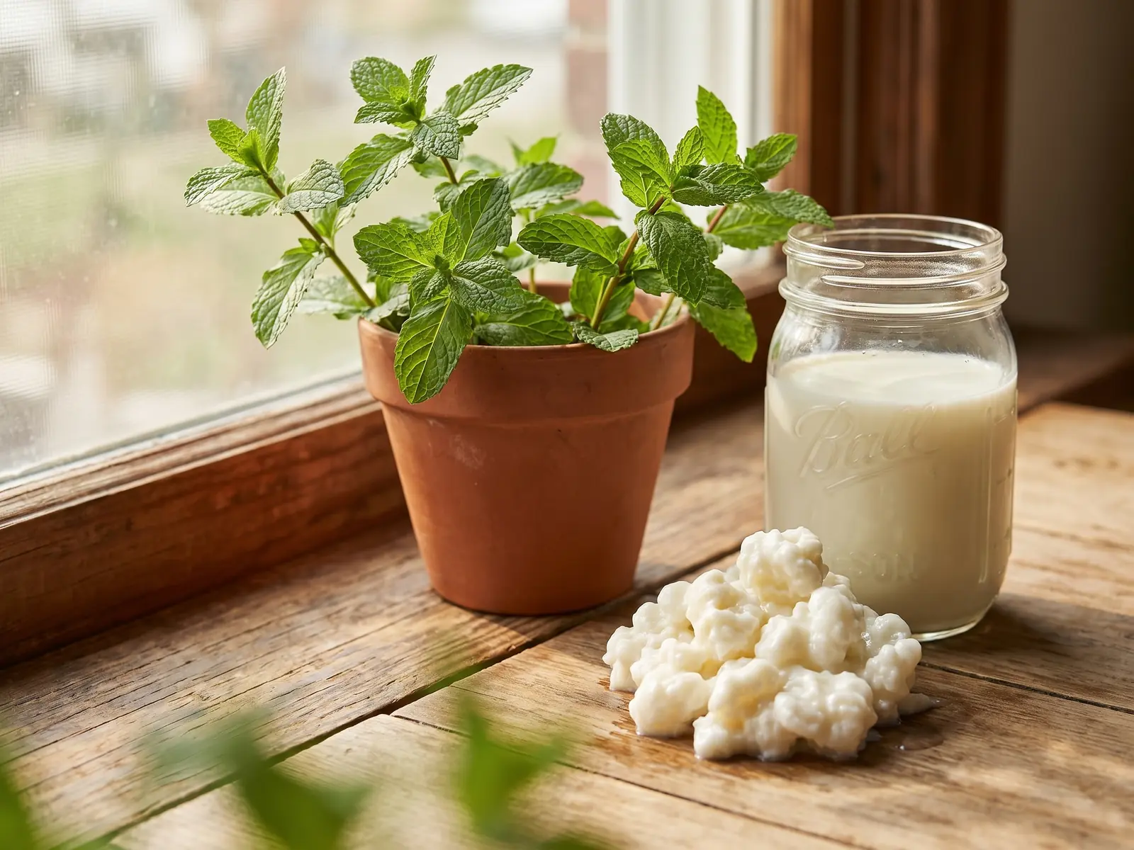 kefir intolérance lactose Bocal de kéfir de lait avec grains sur un rebord de fenêtre, près d’une menthe aux ombres vertes douces