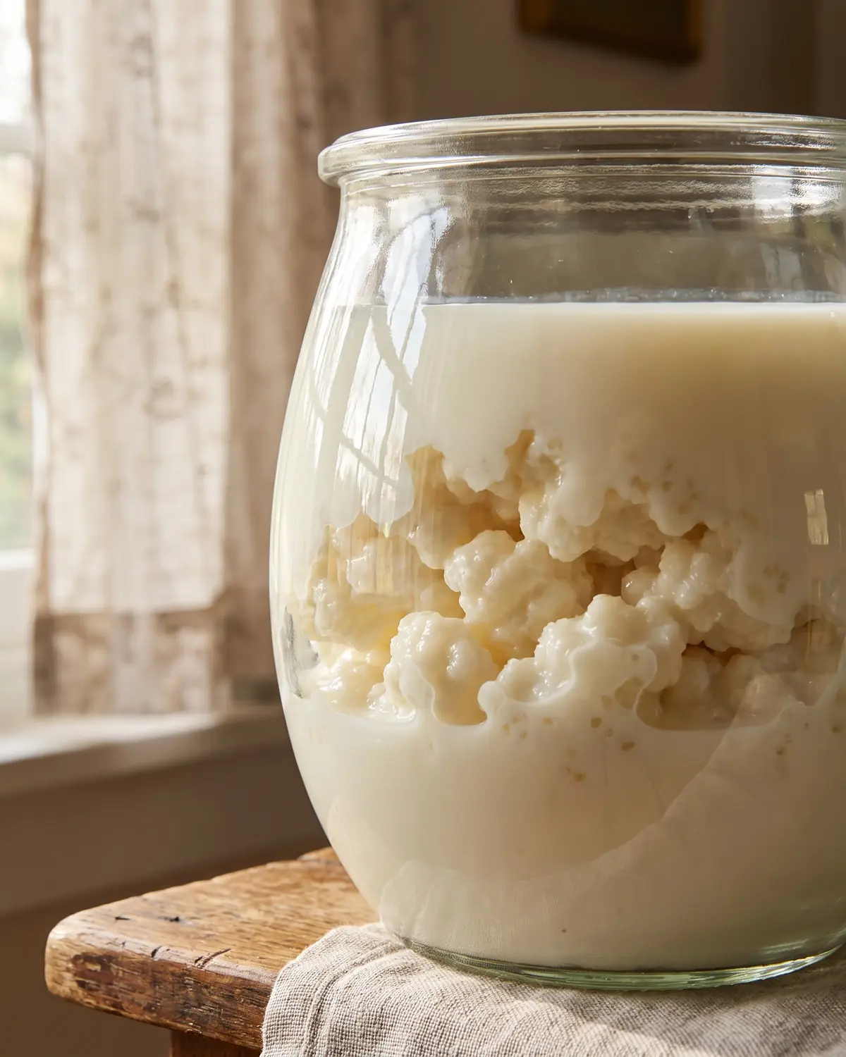 Bocal de k&eacute;fir de lait cr&eacute;meux avec grains visibles et reflet de rideau sur le verre courb&eacute;.