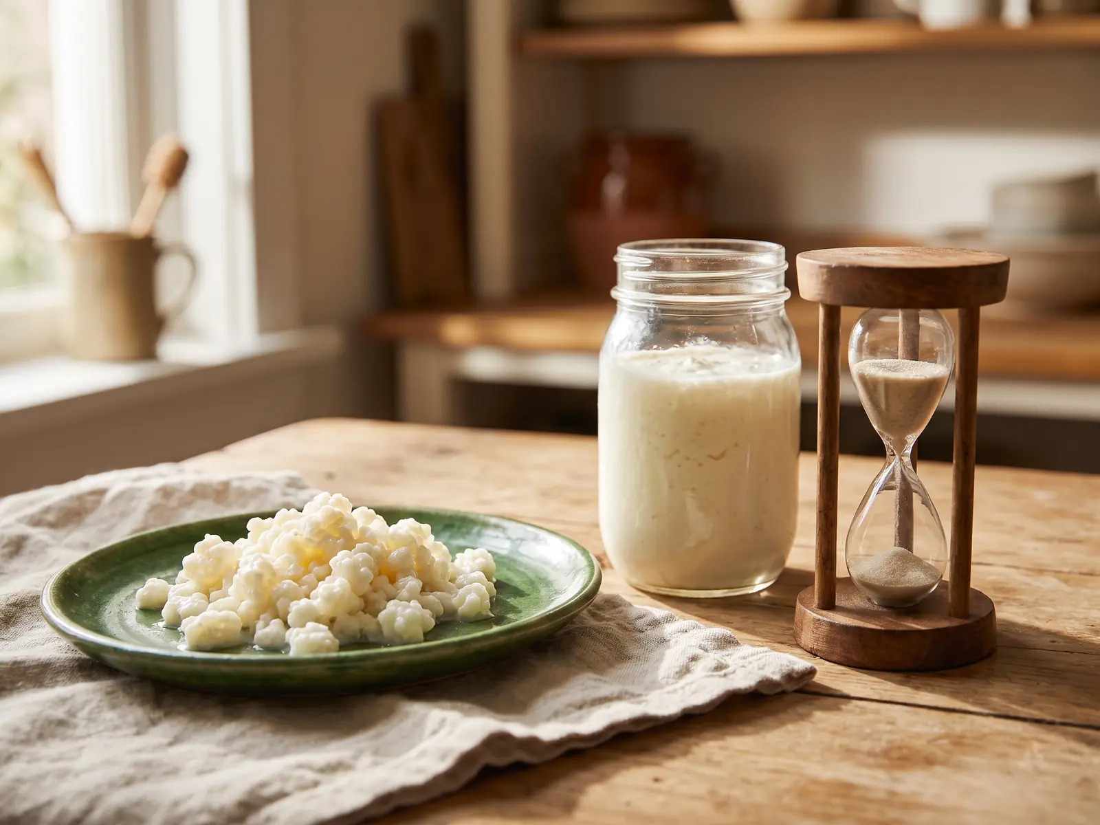 Sablier en bois pr&egrave;s d&rsquo;un bocal de k&eacute;fir, avec des grains sur une assiette verte et du lin.