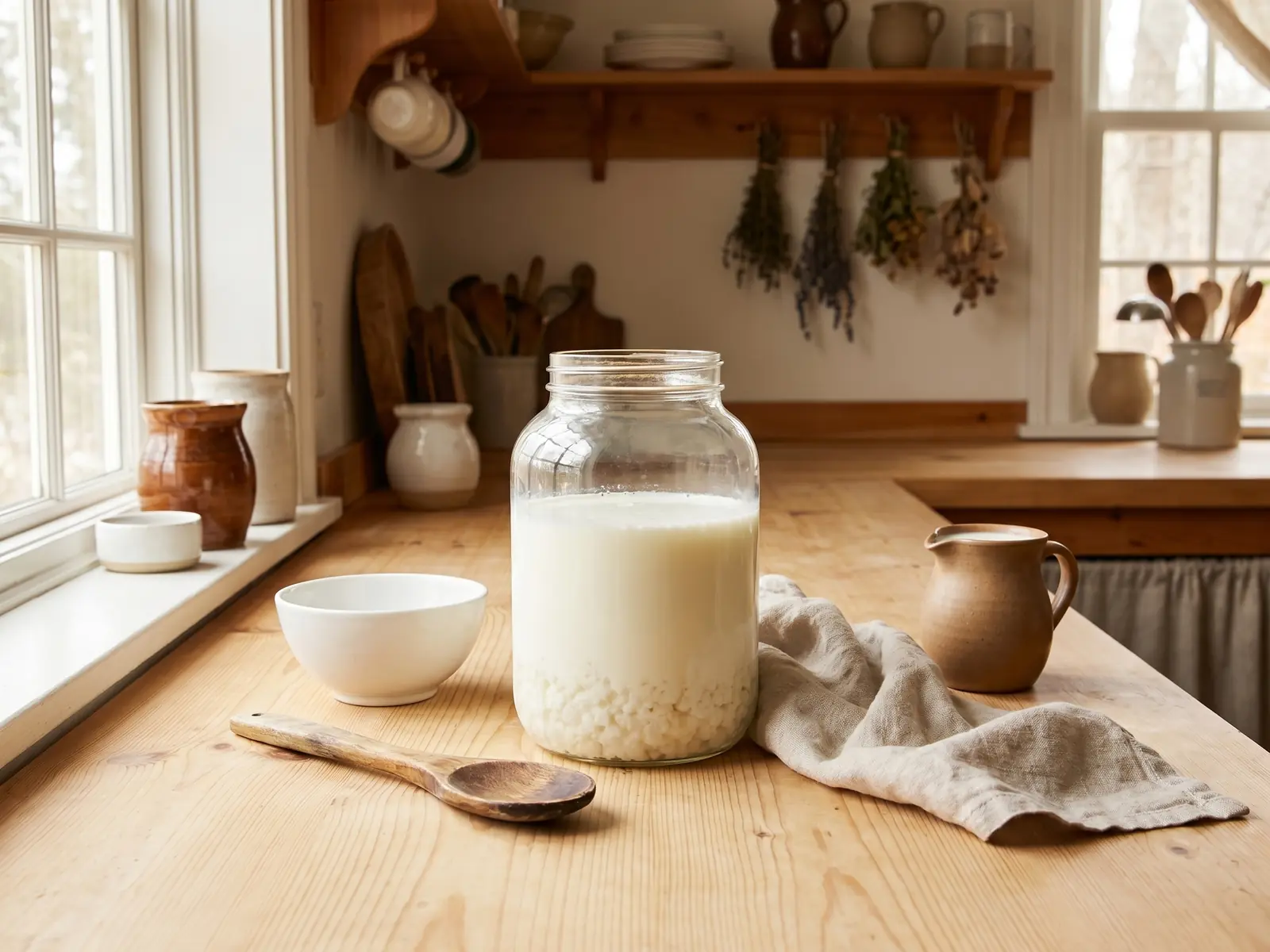 où trouver du kéfir prêt à consommer Bocal de kéfir de lait dans une cuisine, avec bol, cuillère et jarre de lait frais sur la table.