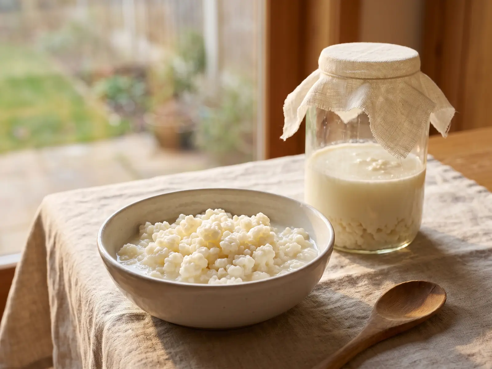 Bocal de k&eacute;fir de lait en fermentation pr&egrave;s d&rsquo;une fen&ecirc;tre, avec un bol de grains humides sur une table en lin.