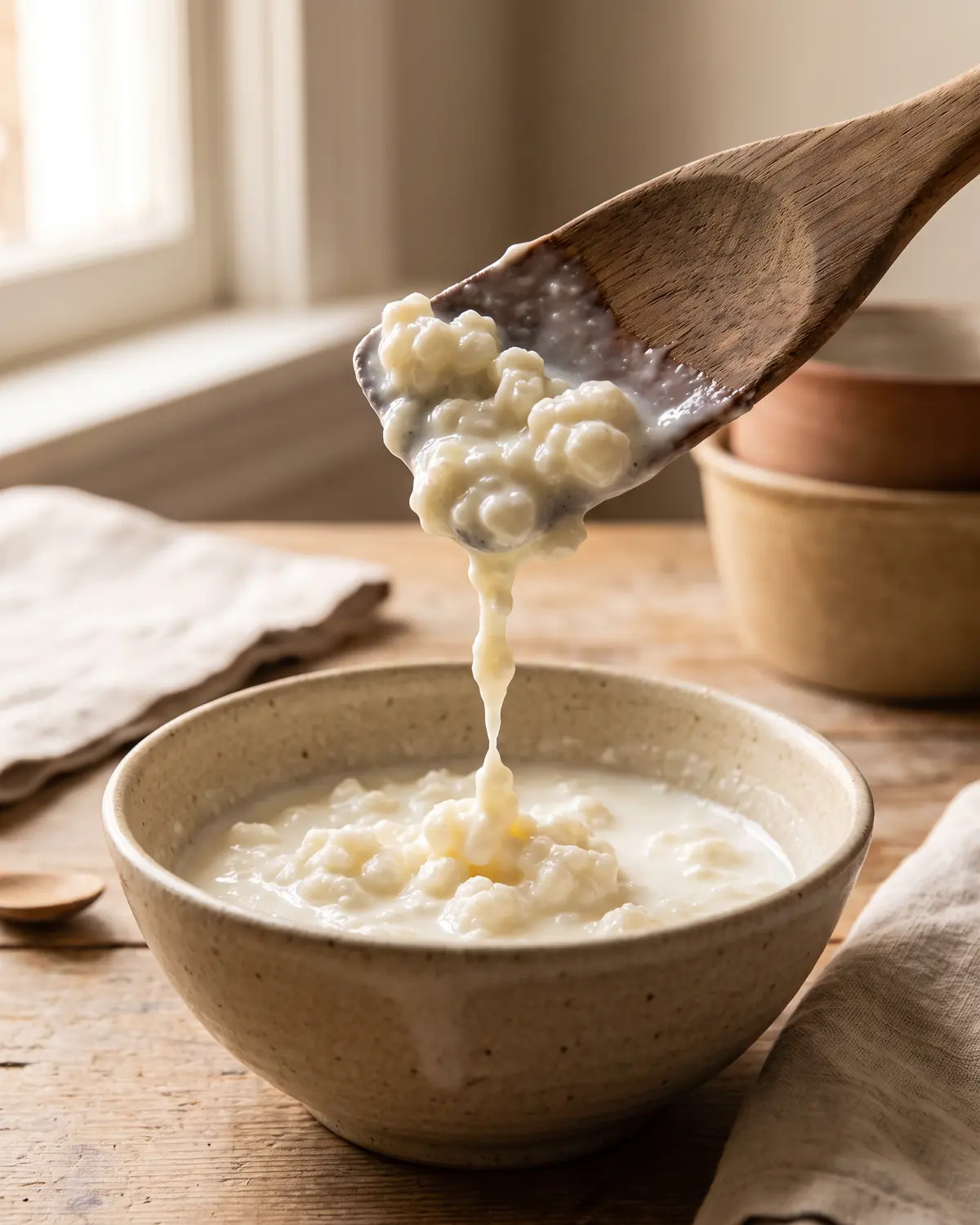 K&eacute;fir de lait &eacute;pais &eacute;tir&eacute; par une spatule en bois, avec un fil court sur une c&eacute;ramique beige.