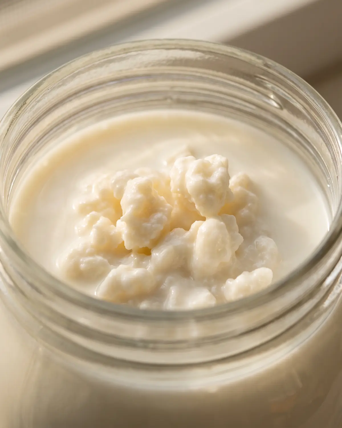Vue rapproch&eacute;e d&rsquo;un bocal o&ugrave; des grains de k&eacute;fir reposent sous la surface calme du lait