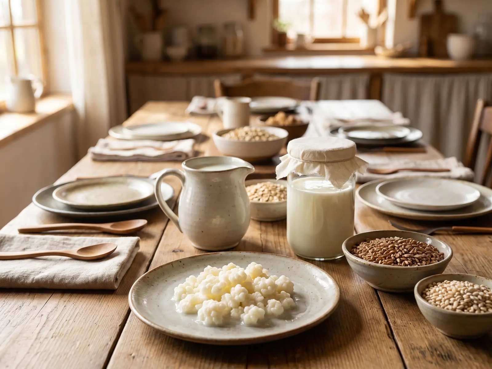 mon kéfir ne pétille pas Table de petit-déjeuner avec jarre de lait, bocal de kéfir et grains près de plats en céramique.