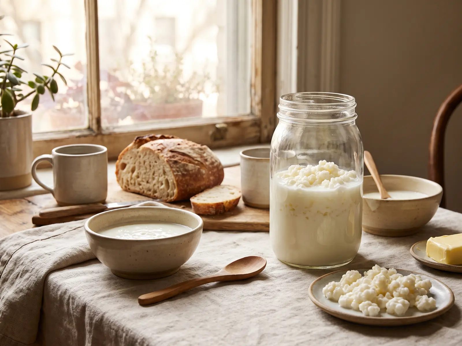 kefir de lait ou de fruit Table de petit-déjeuner avec un bocal de kéfir de lait, des grains et une lumière douce près de la fenêtre.