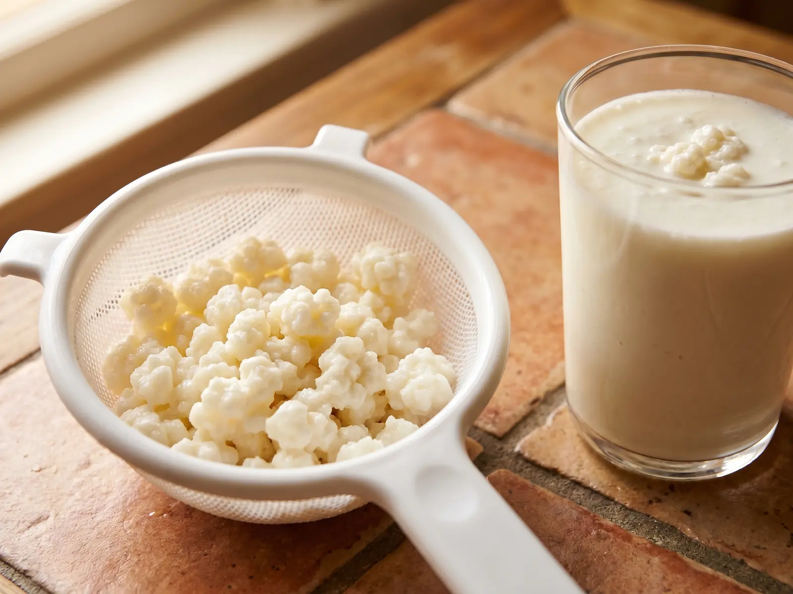 Grains de k&eacute;fir de lait &eacute;goutt&eacute;s dans une passoire, avec un verre de boisson ferment&eacute;e &agrave; c&ocirc;t&eacute;.