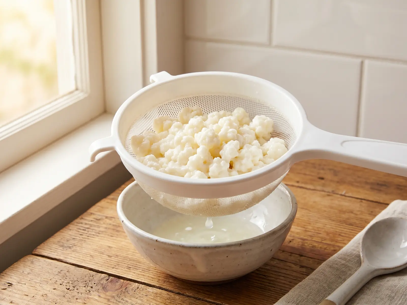 les bienfaits du kefir pour la santé Grains de kéfir de lait blanc crème égouttés dans une passoire plastique au-dessus d’un bol en céramique.