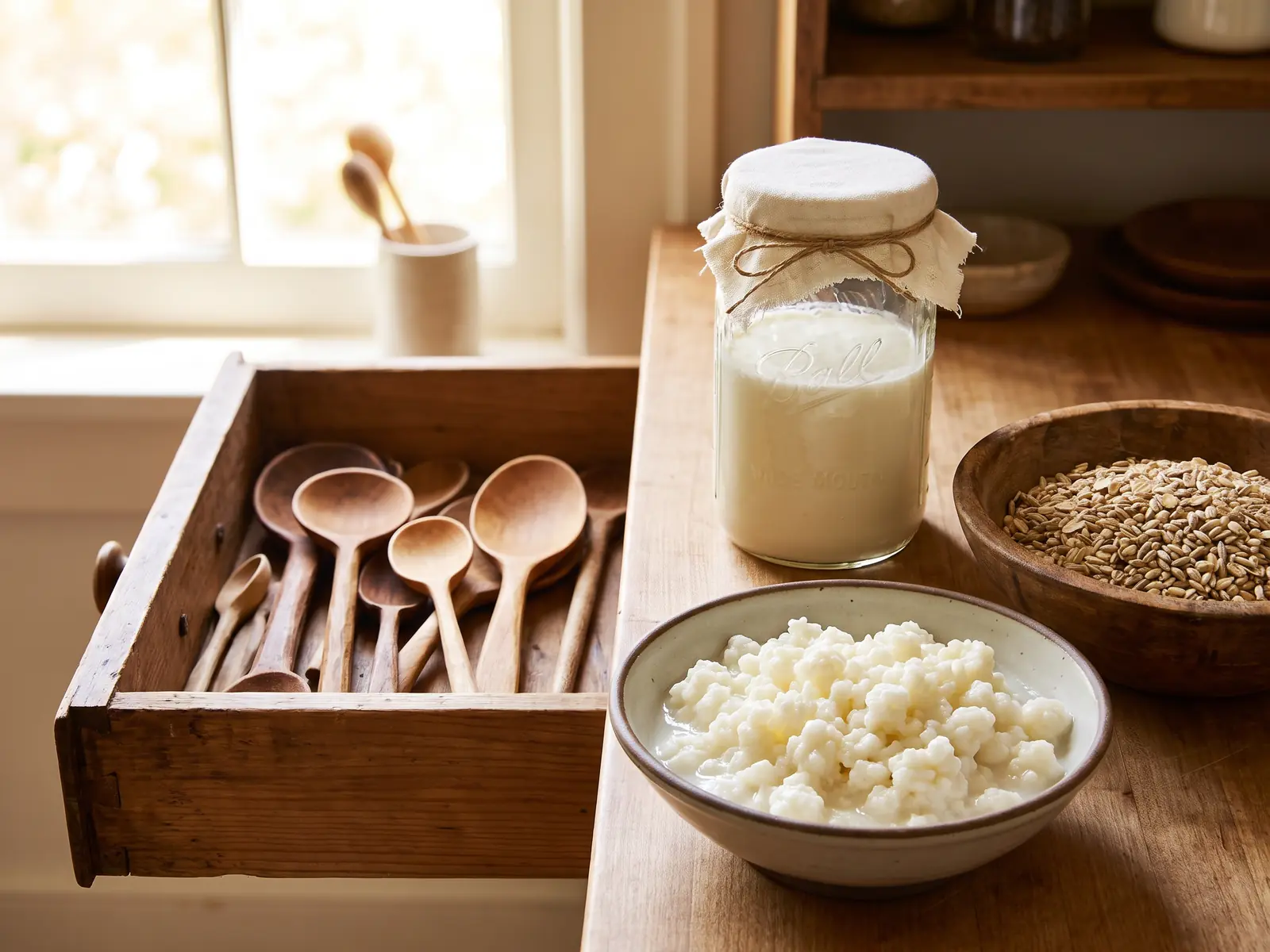 Tiroir ouvert avec cuill&egrave;res en bois, bocal de k&eacute;fir et grains dans un bol &agrave; c&ocirc;t&eacute;.