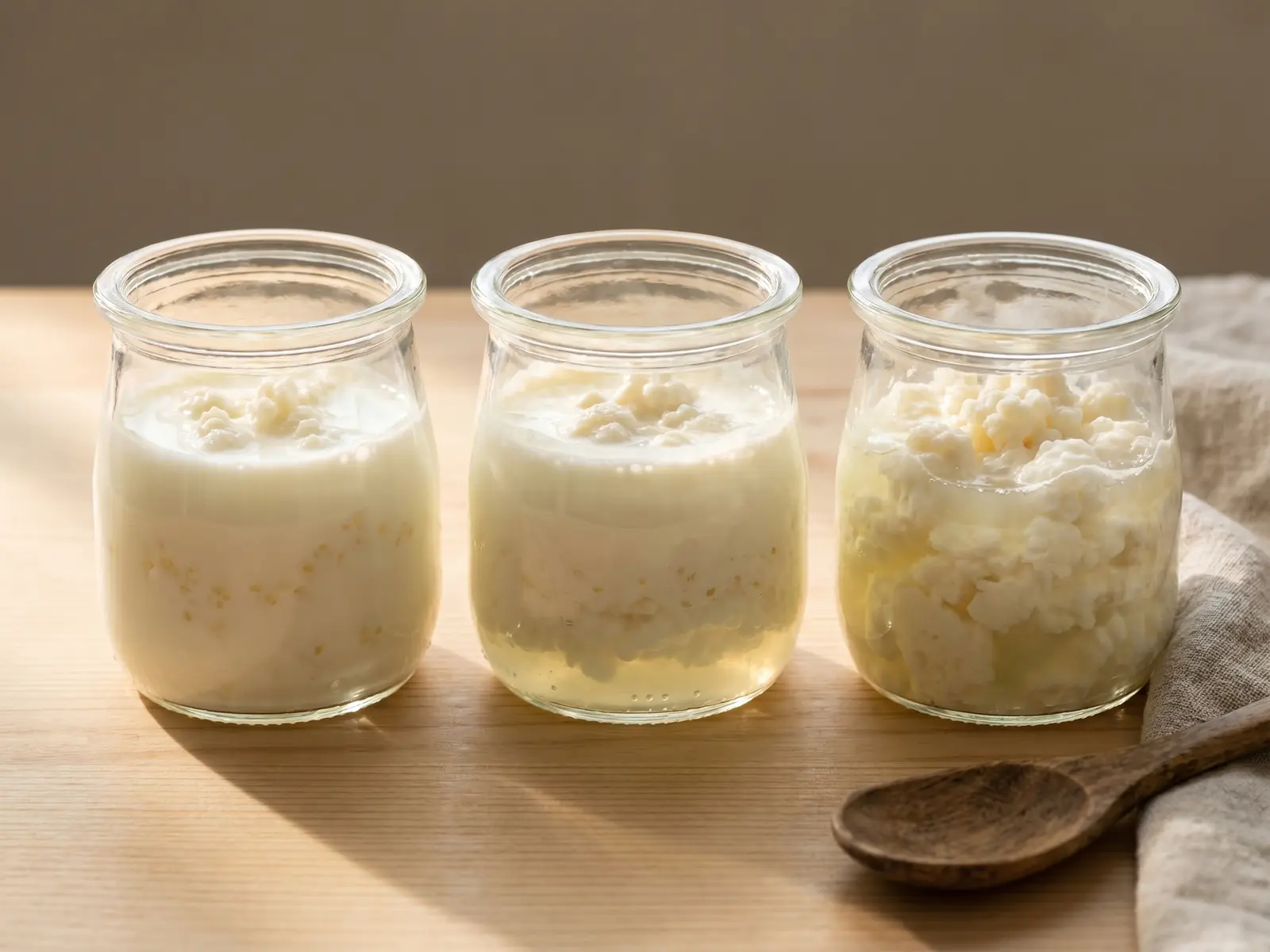 Trois bocaux de k&eacute;fir de lait montrent diff&eacute;rentes &eacute;tapes de fermentation avec cr&egrave;me et petit-lait.