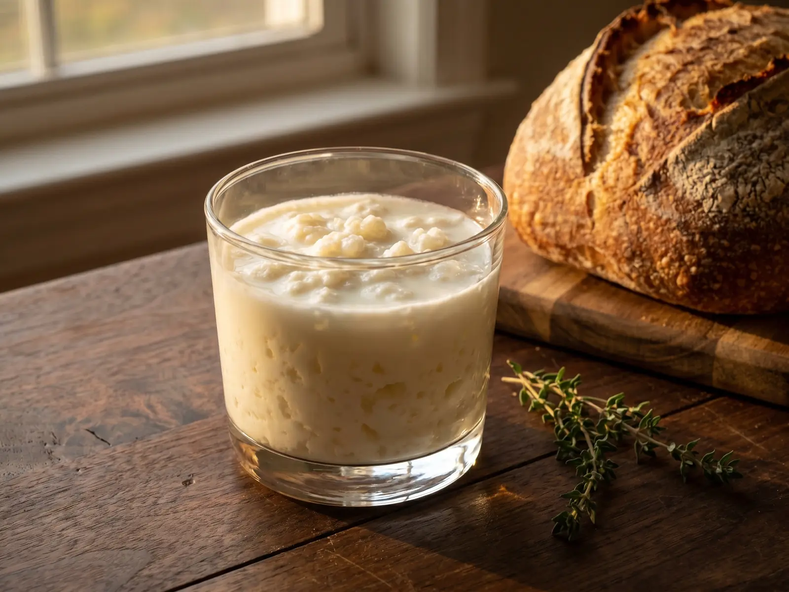kéfir fruit Verre bas de kéfir crémeux sur bois sombre, avec pain rustique et thym sous une lumière dorée.