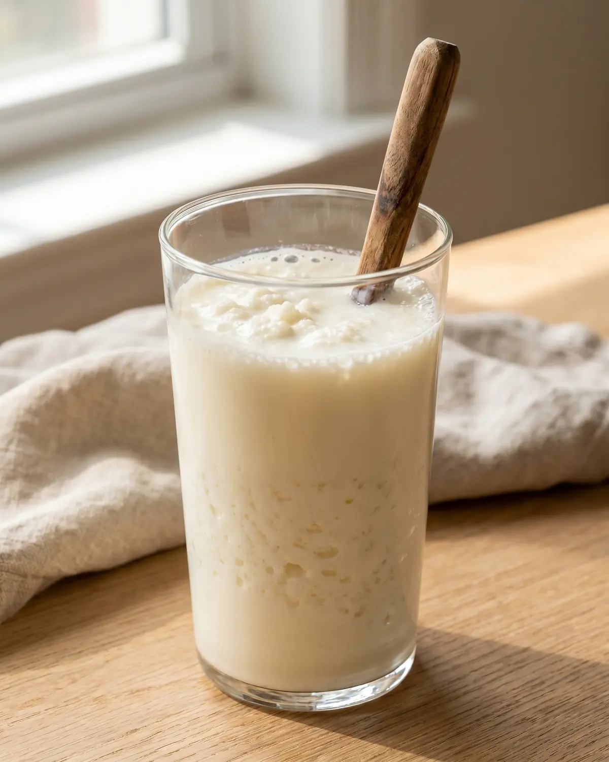 boire du kéfir tous les jours Verre de kéfir de lait crémeux prêt à boire, avec une cuillère plongée dans la boisson fermentée.