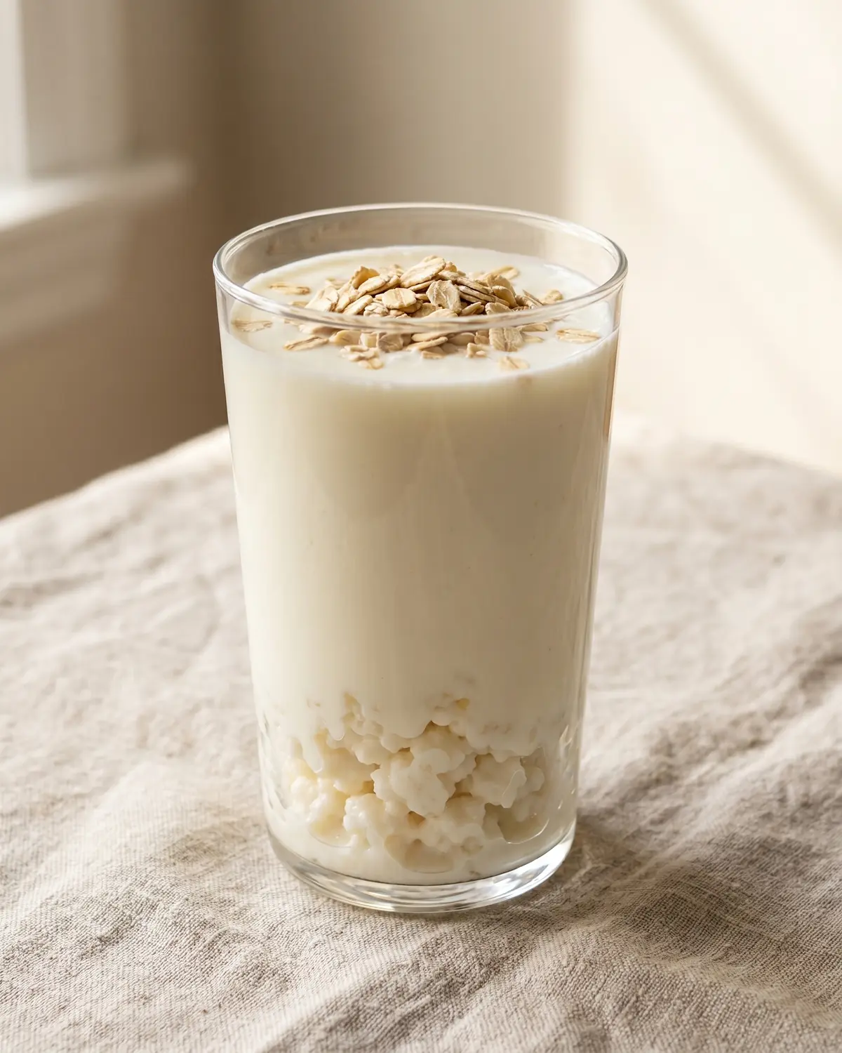 lait fermenté effets secondaires Grand verre de kéfir de lait avec des flocons d’avoine, posé sur un tissu de lin naturel.