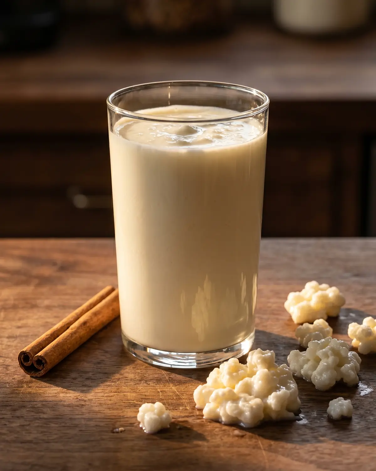 kefir diarrhée Verre haut de kéfir de lait avec un bâton de cannelle, posé sur du noyer dans une lumière dorée.