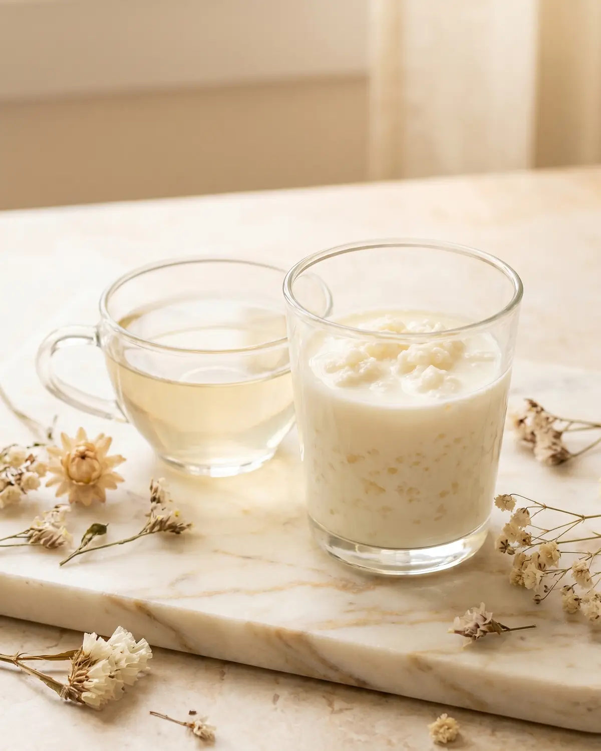 les bienfaits du kefir pour la santé Petit verre de kéfir près d’une tasse de thé clair, avec fleurs séchées sur un marbre veiné.