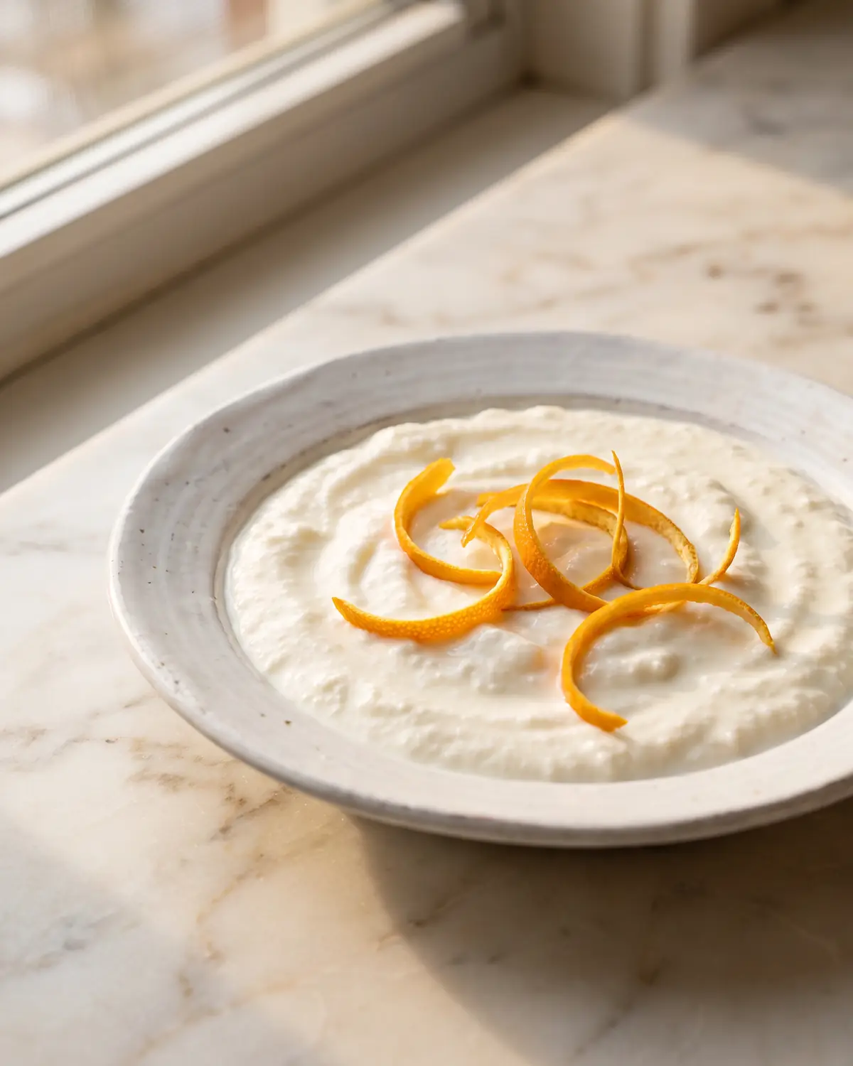 K&eacute;fir filtr&eacute; dans une assiette blanche avec un zeste d&rsquo;orange, sur un marbre clair en lumi&egrave;re froide.