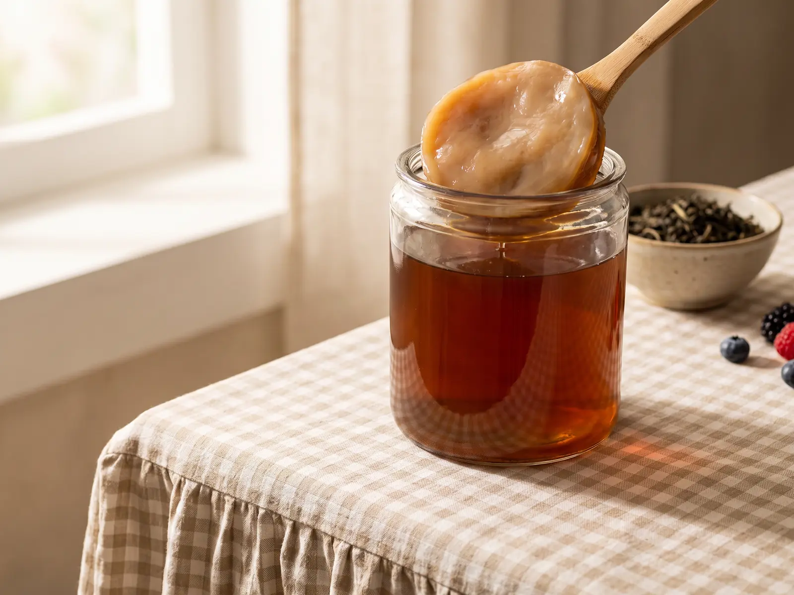 kombucha et grossesse Bocal de kombucha avec SCOBY sur une table au lever du jour, posé sur une nappe à carreaux crème.
