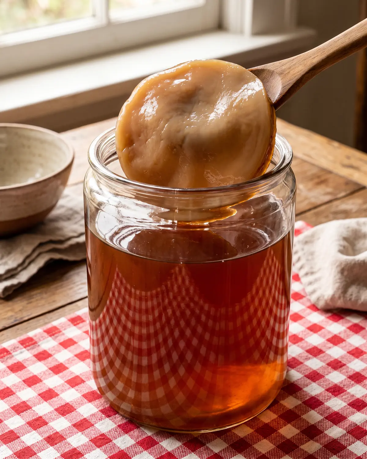 Bocal de kombucha au th&eacute; ambr&eacute; avec un SCOBY visible &agrave; travers la courbe du verre.
