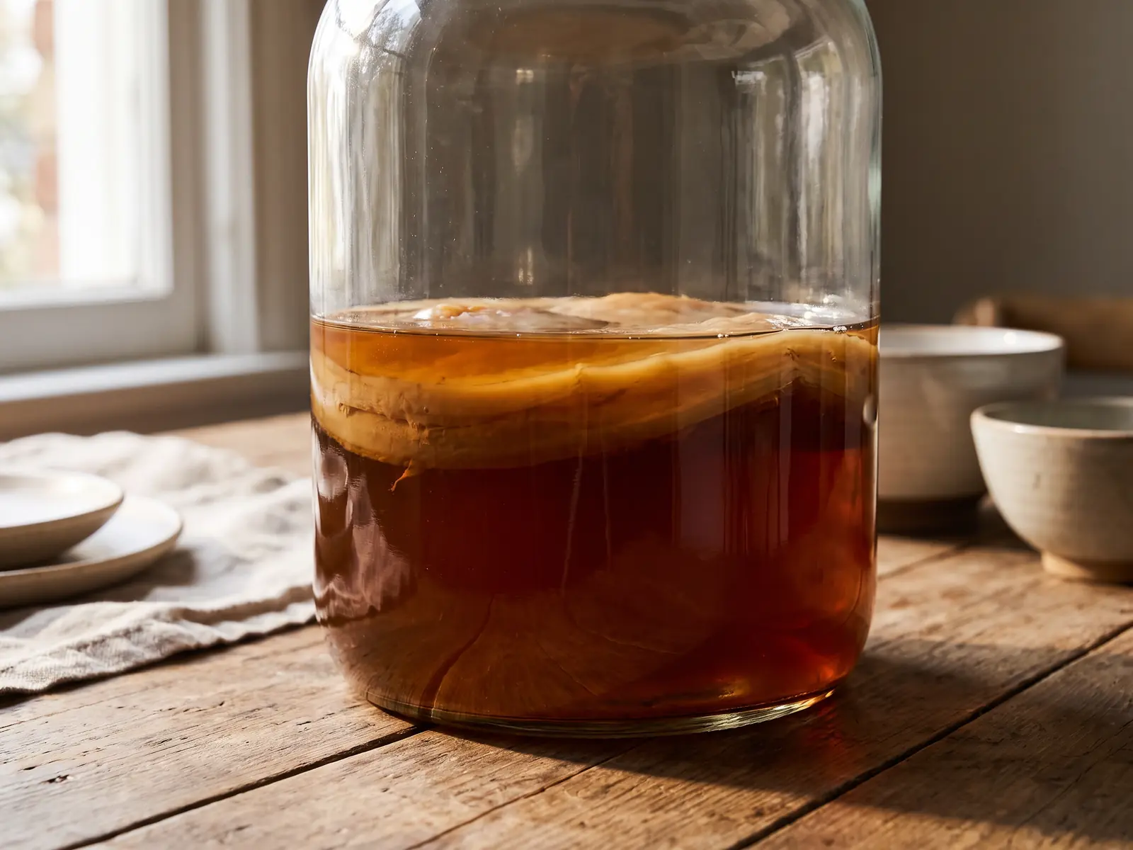 Bocal de kombucha ambr&eacute; vu depuis la table, avec un SCOBY beige brun flottant dans le th&eacute; ferment&eacute;.