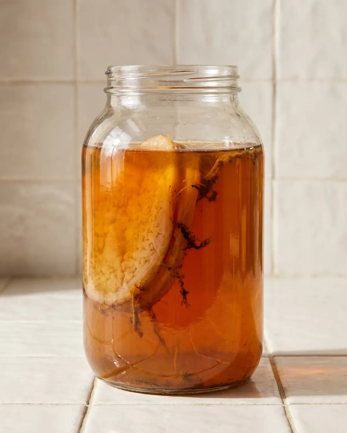 Bocal de kombucha sur carrelage blanc avec disque de SCOBY visible et filaments sombres en suspension