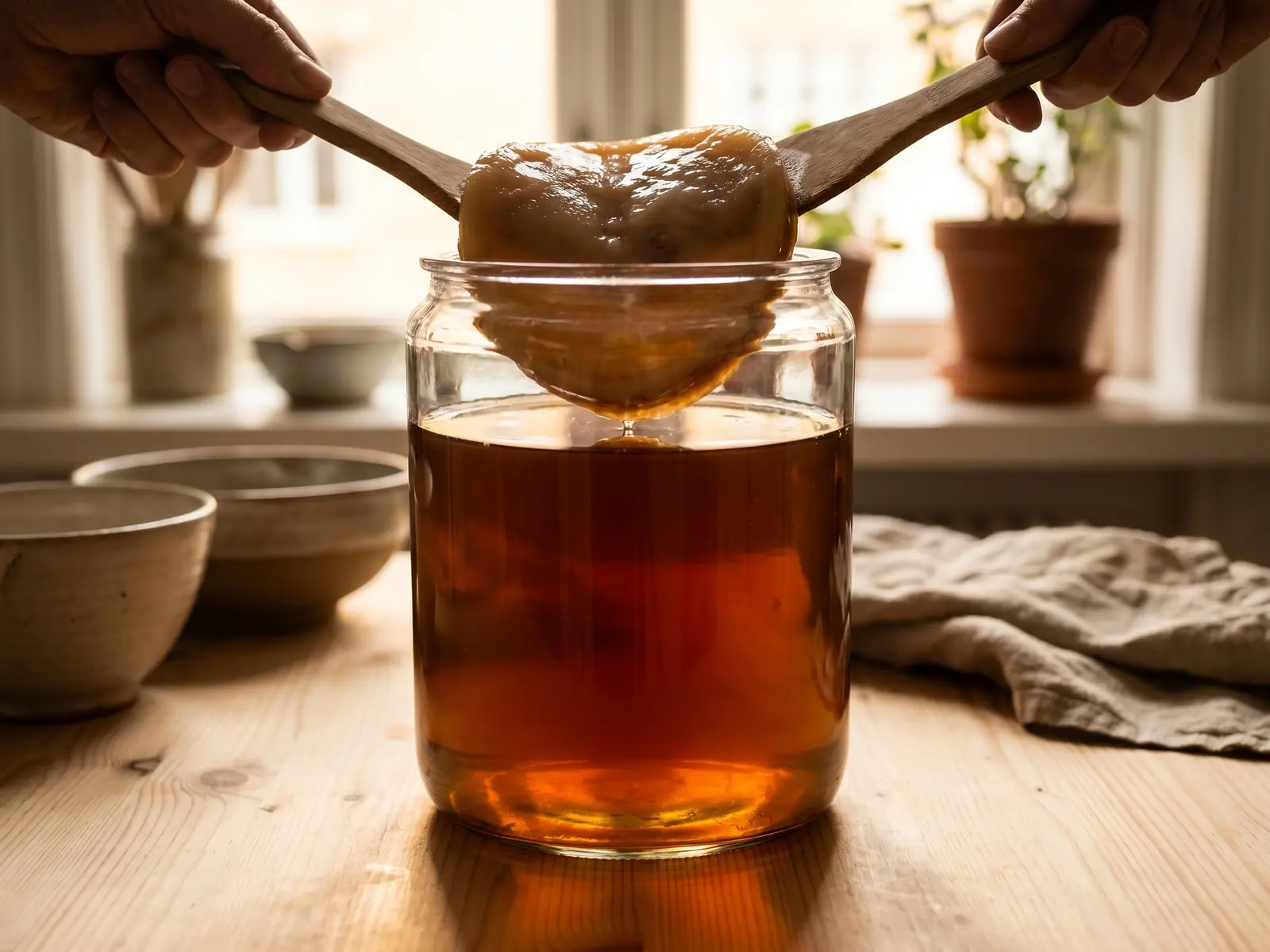 kombucha ou kéfir que choisir Bocal de kombucha en contrejour avec une mère SCOBY visible, éclairé par une lumière naturelle douce.