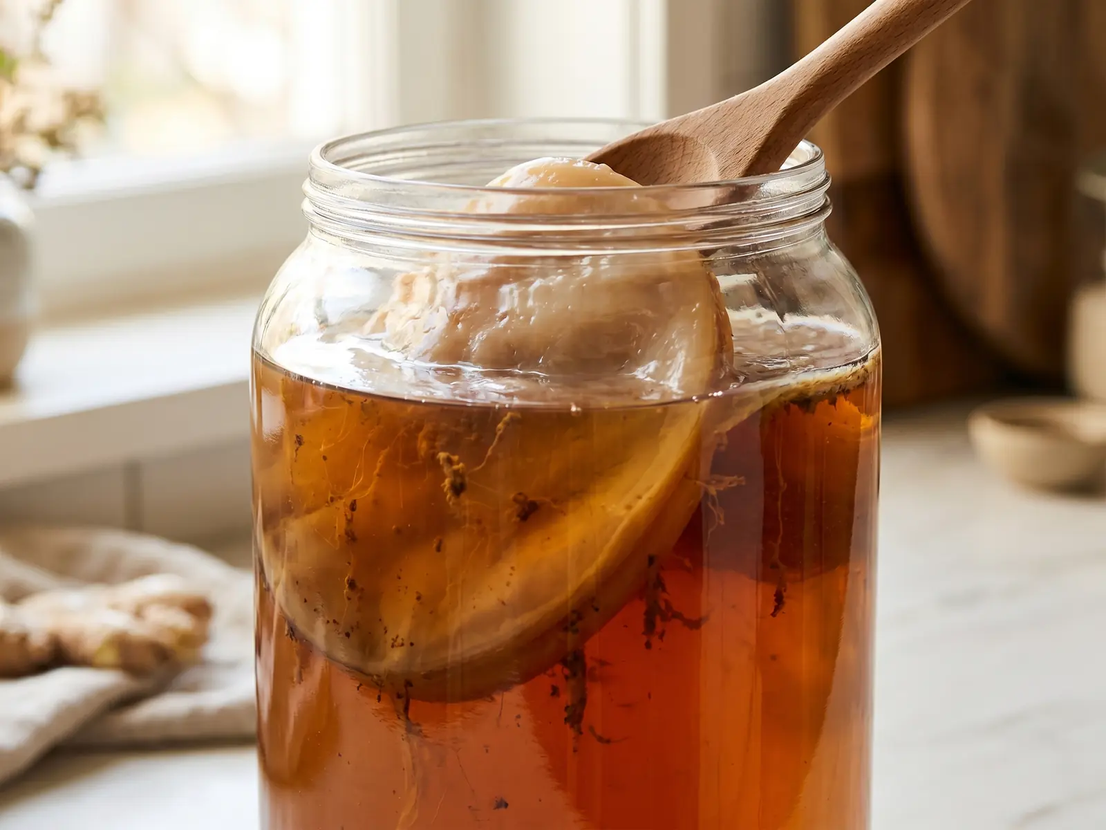 Bocal de kombucha vu de c&ocirc;t&eacute;, avec des filaments de levure visibles dans un th&eacute; sombre en contre-jour.