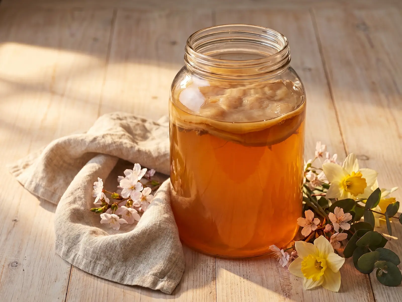 Bocal de kombucha ambr&eacute; avec fleurs de printemps, lin brut et lumi&egrave;re chaude sur une table.