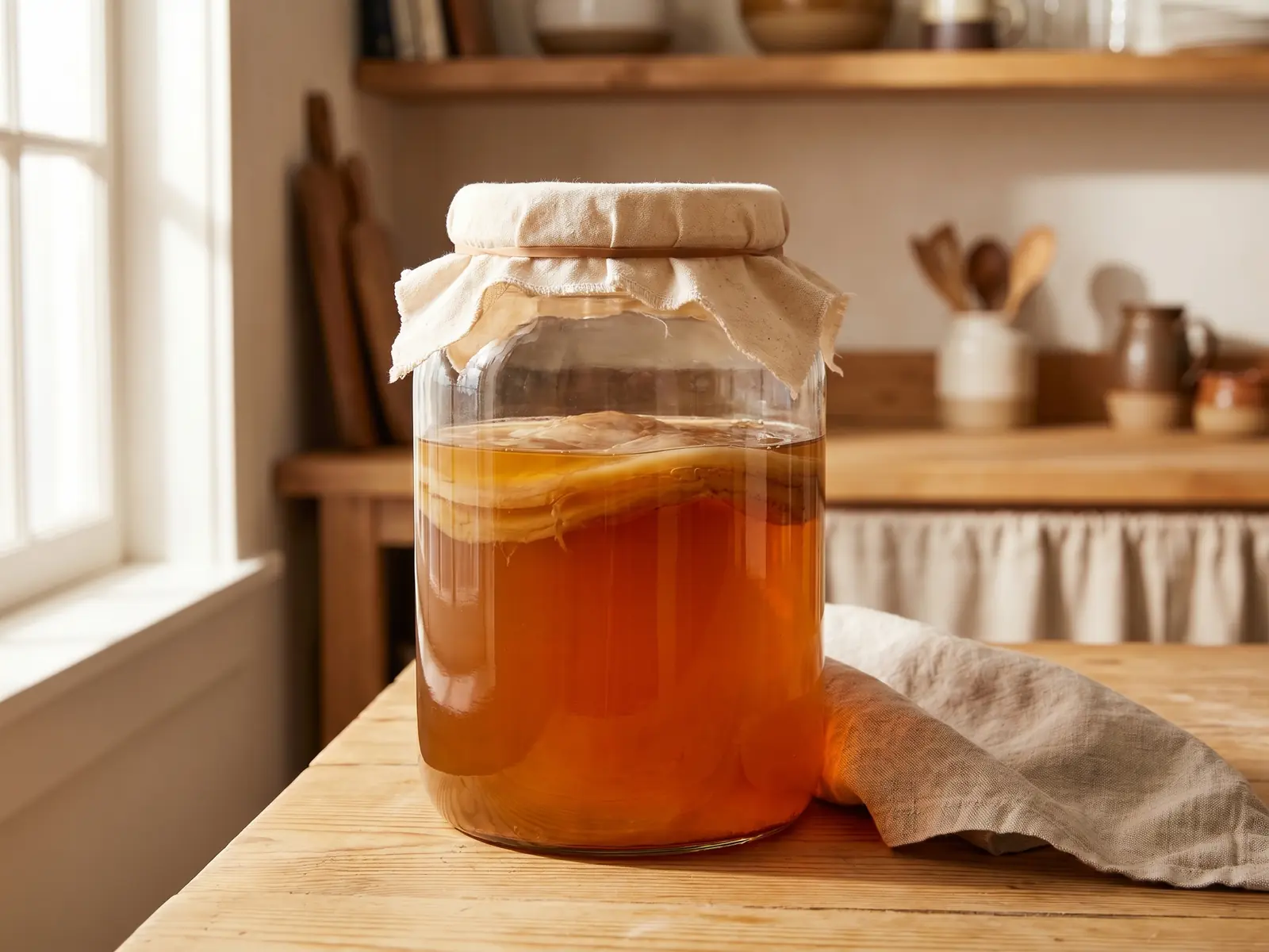 Grand bocal de kombucha ambr&eacute; avec un SCOBY visible sous une toile attach&eacute;e au couvercle.