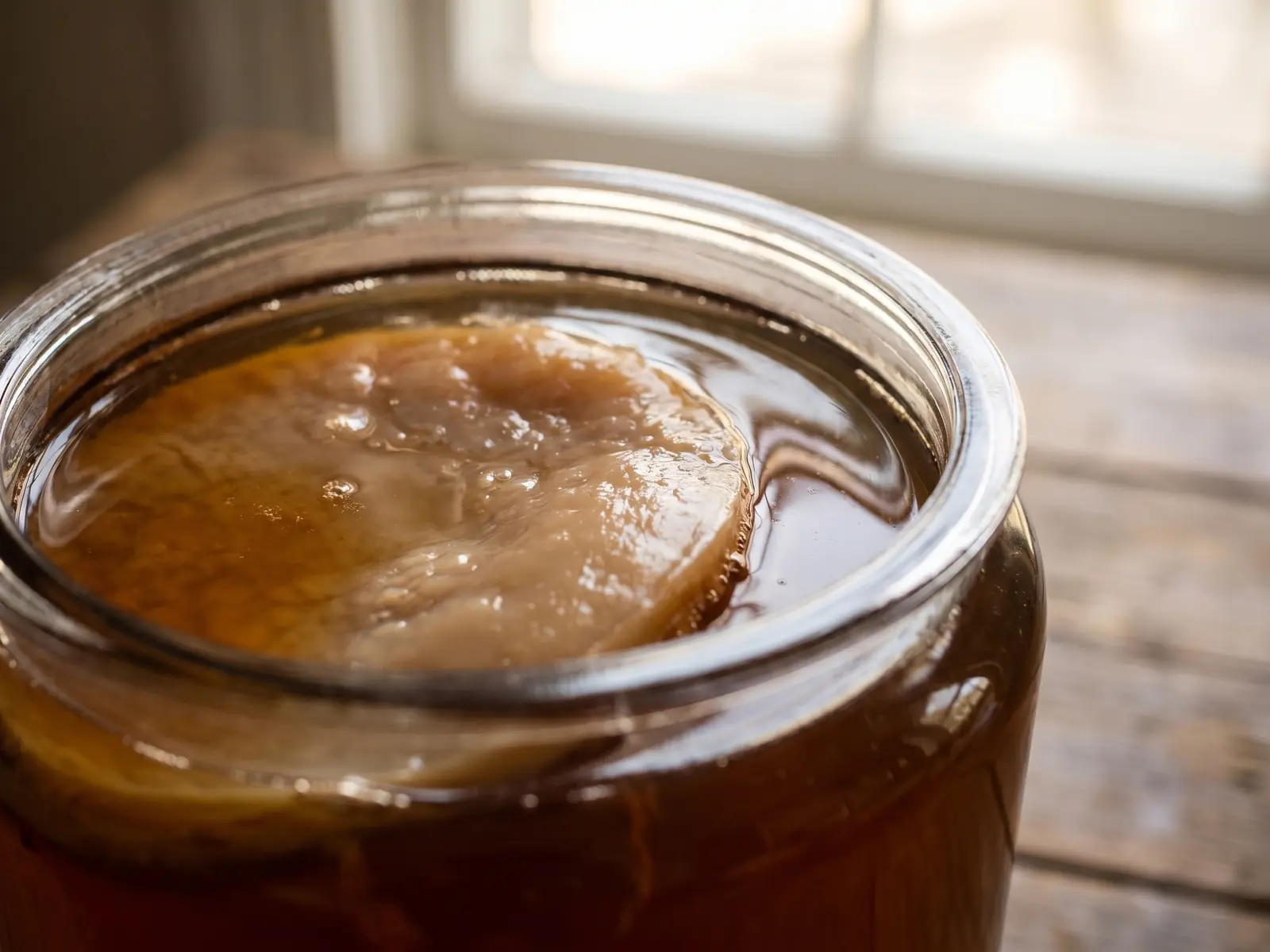 Bocal de kombucha ambr&eacute; avec un SCOBY flottant sous la surface et une lumi&egrave;re douce de fen&ecirc;tre.