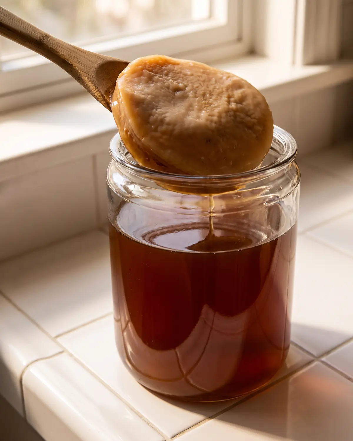 Bord de fa&iuml;ence blanche refl&eacute;t&eacute; dans un th&eacute; sombre avec un SCOBY beige visible &agrave; travers le verre.