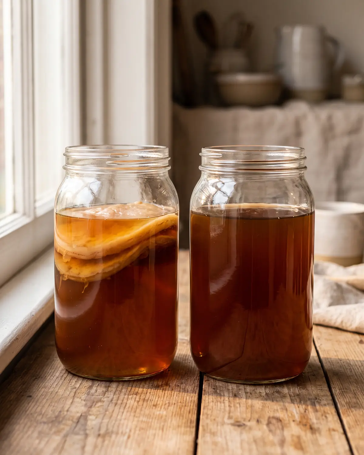 recette kombucha 1 litre Deux bocaux de kombucha ambré vus de près, avec un SCOBY vertical et un autre immergé.