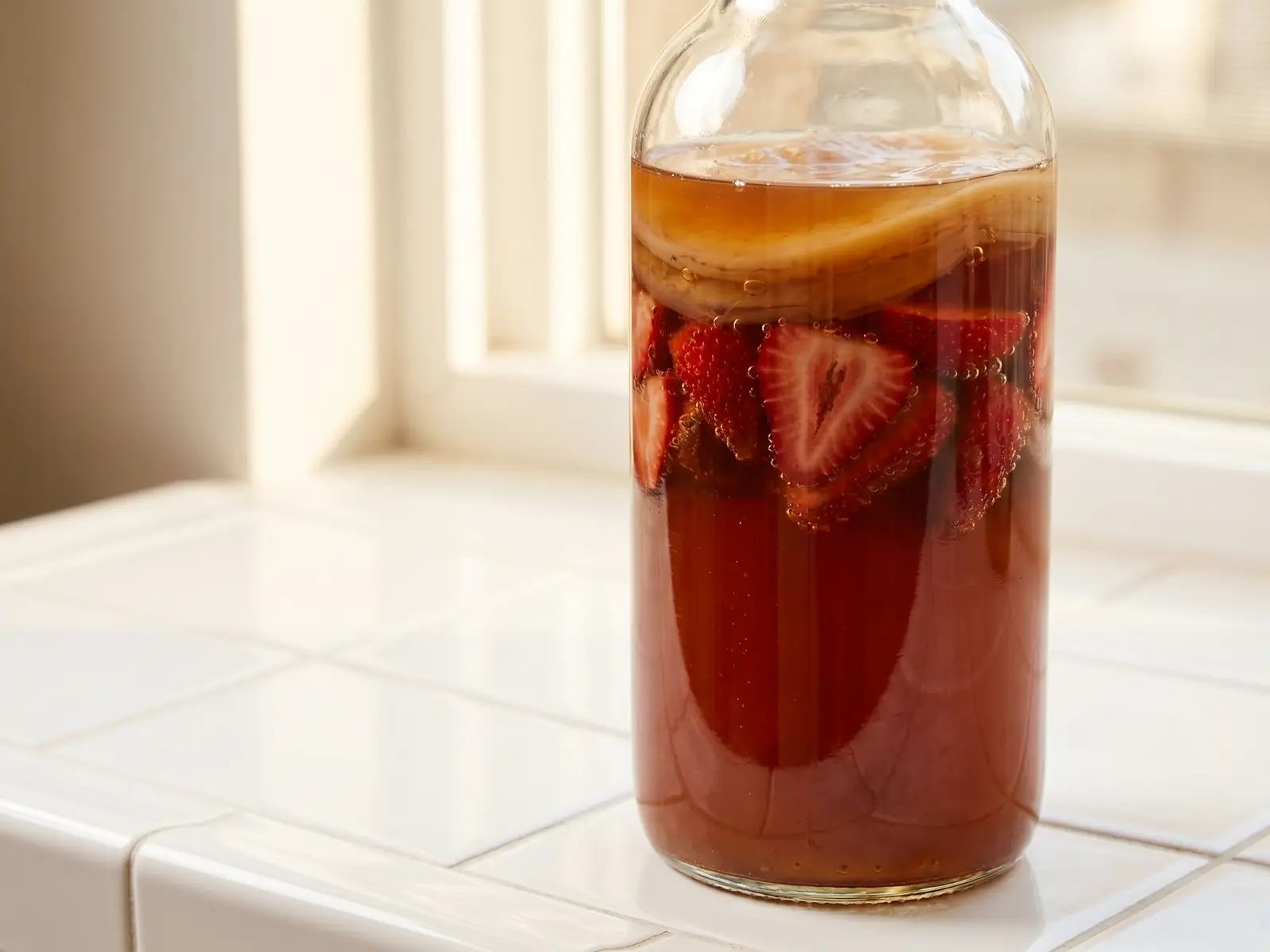 Bouteille de kombucha aux fraises en seconde fermentation, pos&eacute;e sur des carreaux blancs avec de fines bulles visibles.