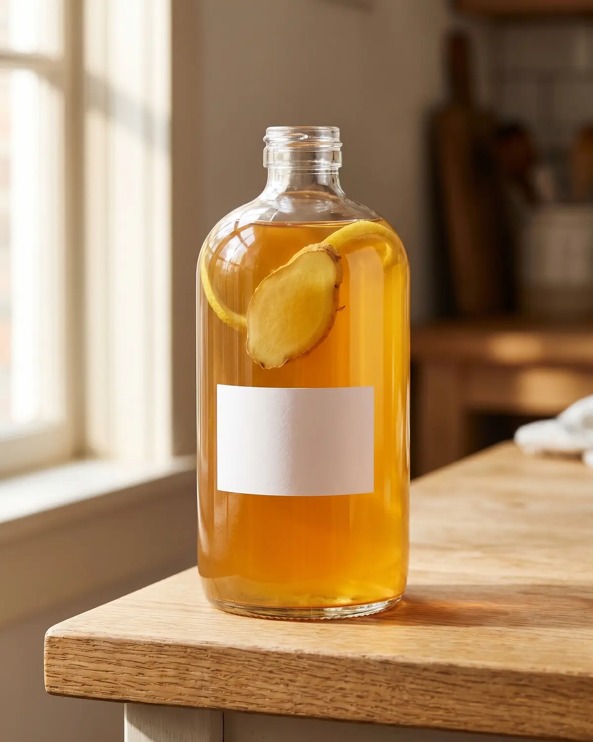 Bouteille de kombucha ambr&eacute; en gros plan avec morceaux de gingembre et citron visibles