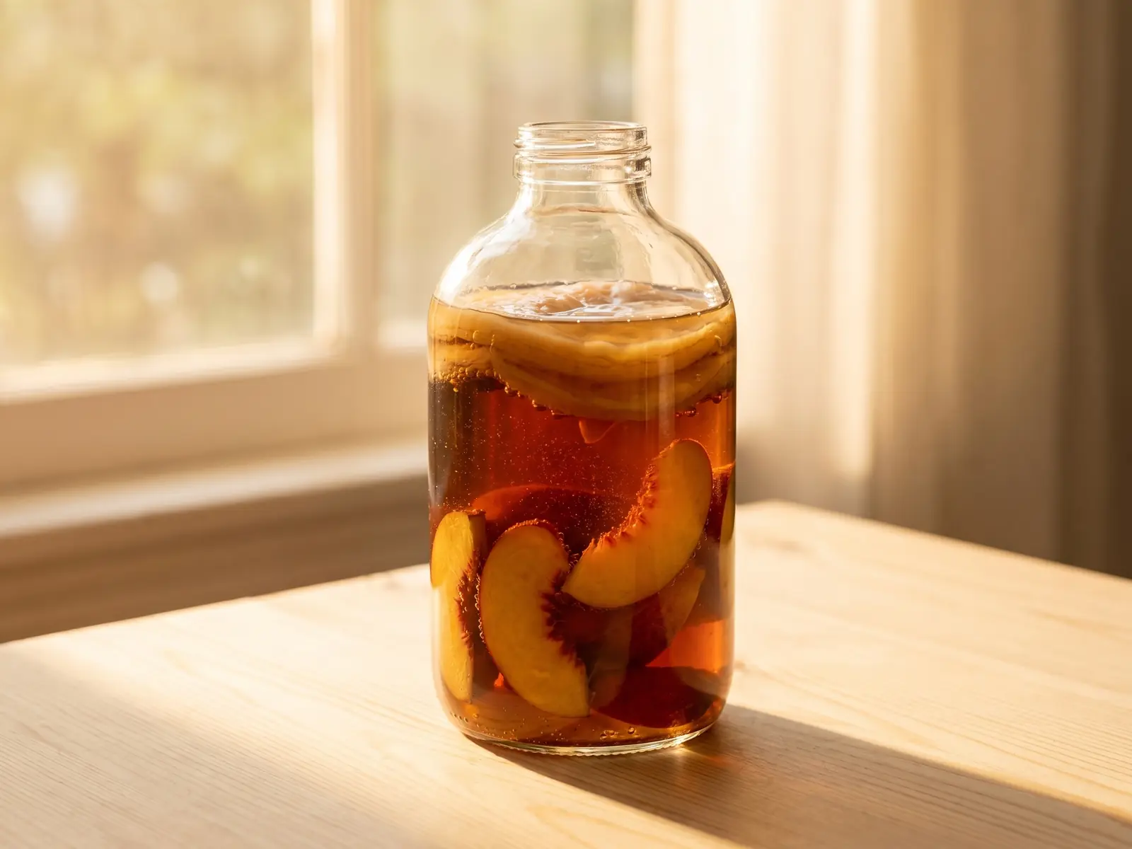 effets kombucha sur foie Bouteille transparente de kombucha au melocoton sur bois clair, éclairée par un contrejour d’été.