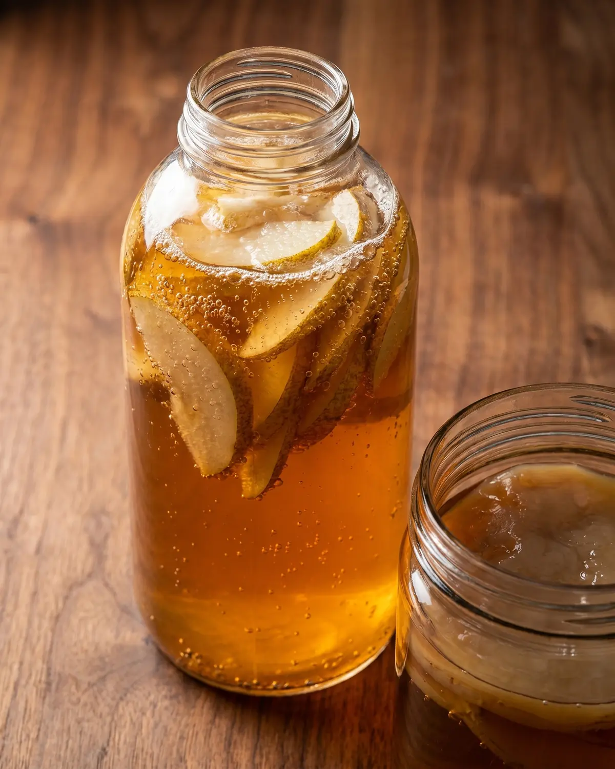 matériel kombucha Bouteille de kombucha avec des lamelles de poire, des bulles sur le verre et un fond en bois foncé.