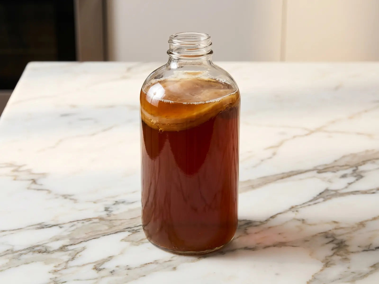 Bouteille de kombucha ambr&eacute; pos&eacute;e sur un marbre blanc vein&eacute;, avec de fines bulles visibles.