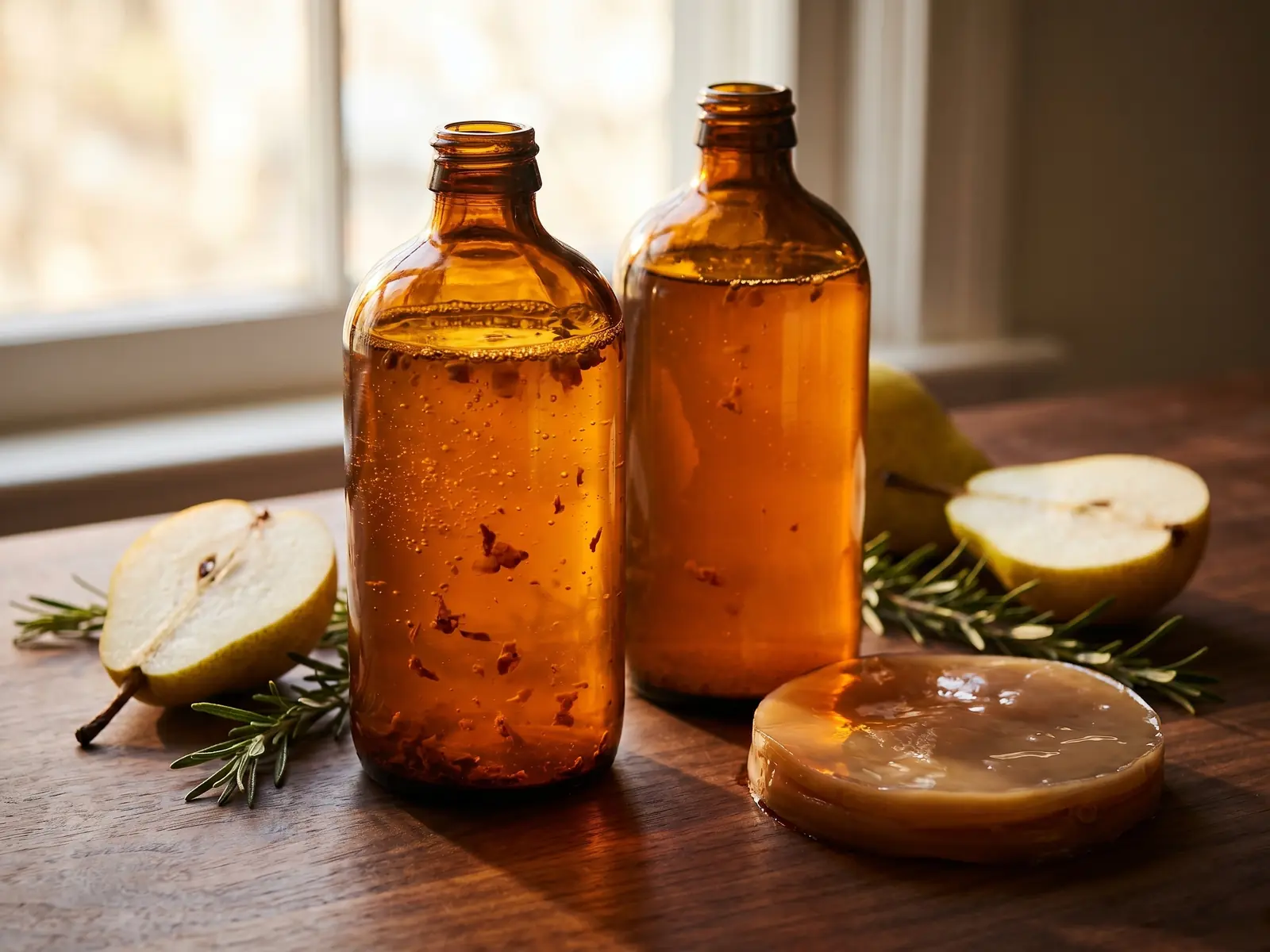 Deux bouteilles de kombucha ambr&eacute; avec une poire et du romarin sur une table en noyer sombre.