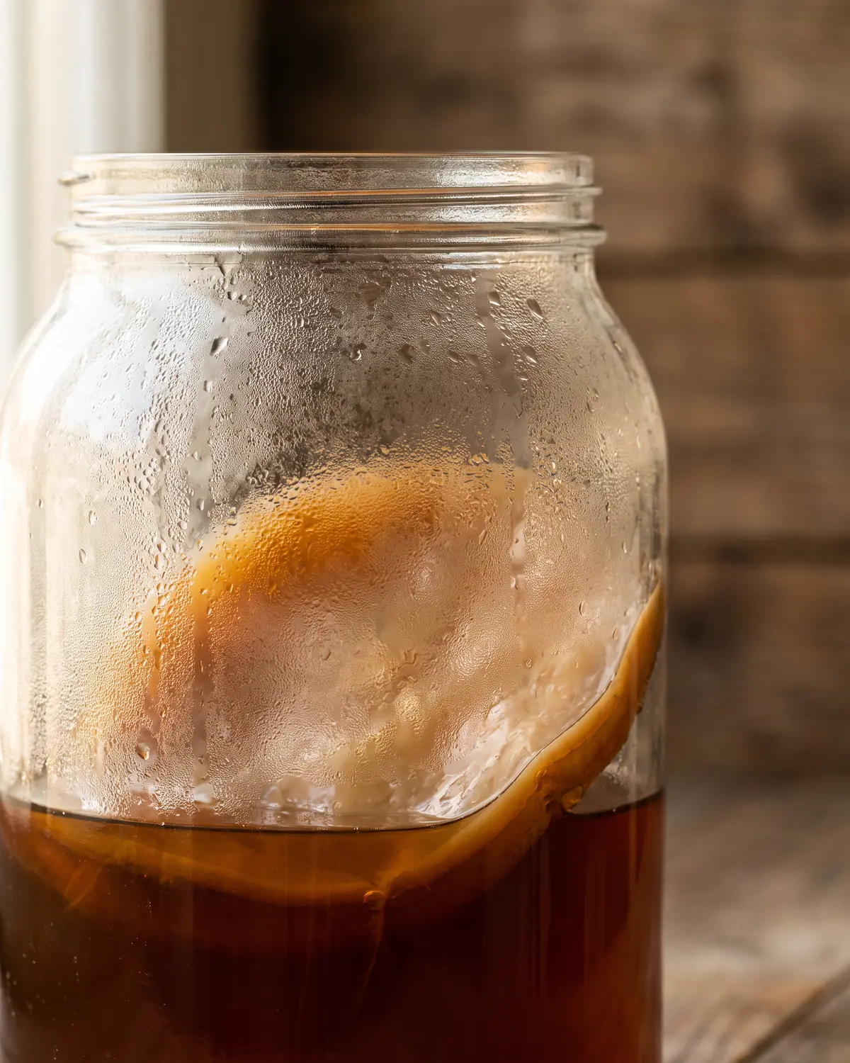 Gros plan sur la bu&eacute;e d&rsquo;un bocal de kombucha, avec le SCOBY visible en tache ambr&eacute;e.