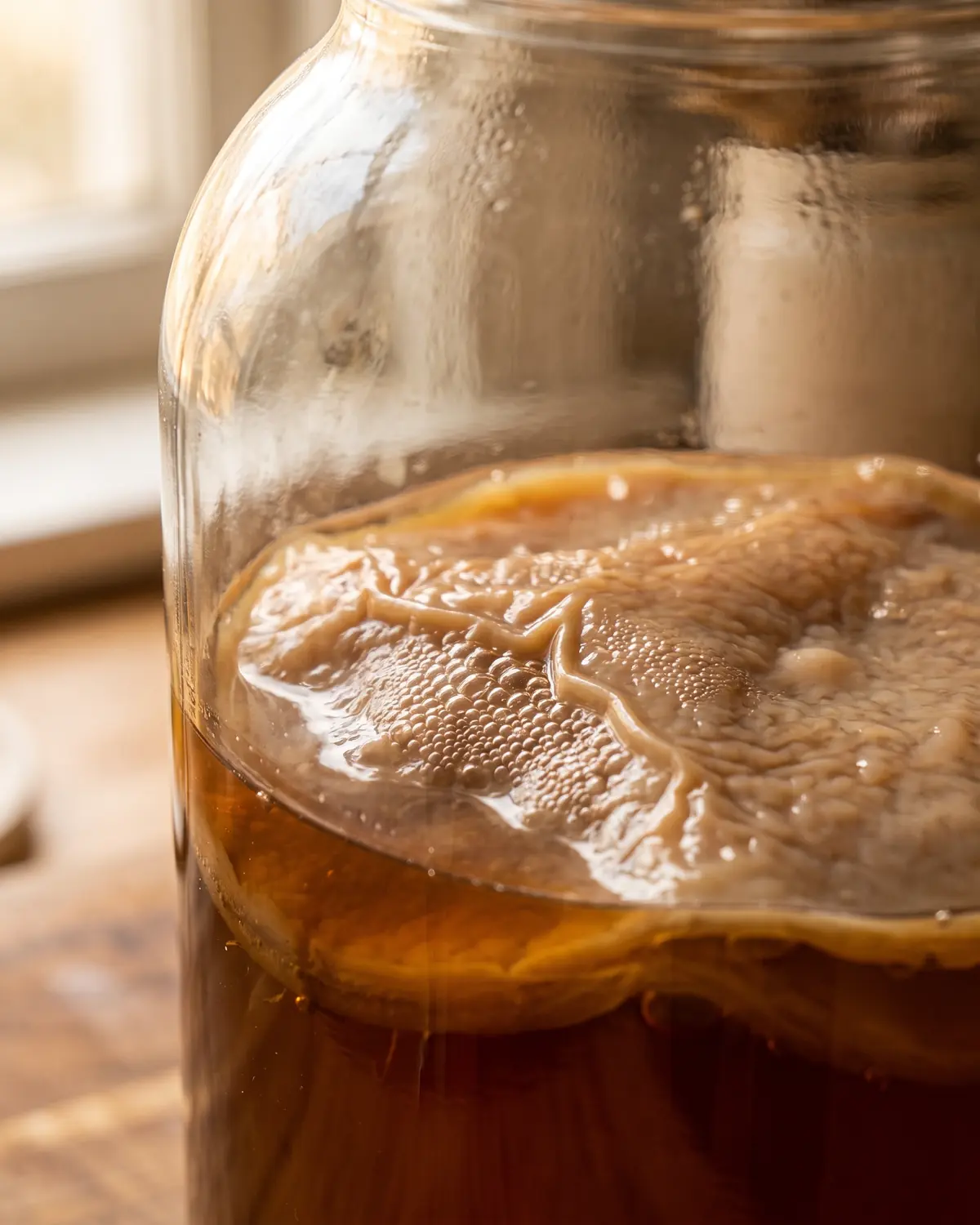 Bulles fines retenues sous un pli de SCOBY beige brun, &eacute;clair&eacute;es par une lumi&egrave;re lat&eacute;rale chaude.