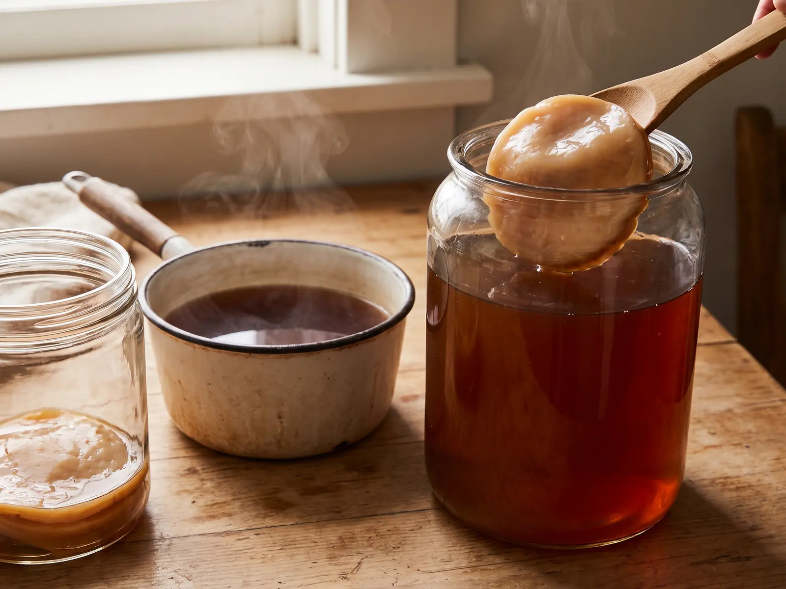 quels sont les bienfaits du kombucha Casserole de thé sombre qui refroidit près d’un bocal avec SCOBY sur une cuisine neutre.