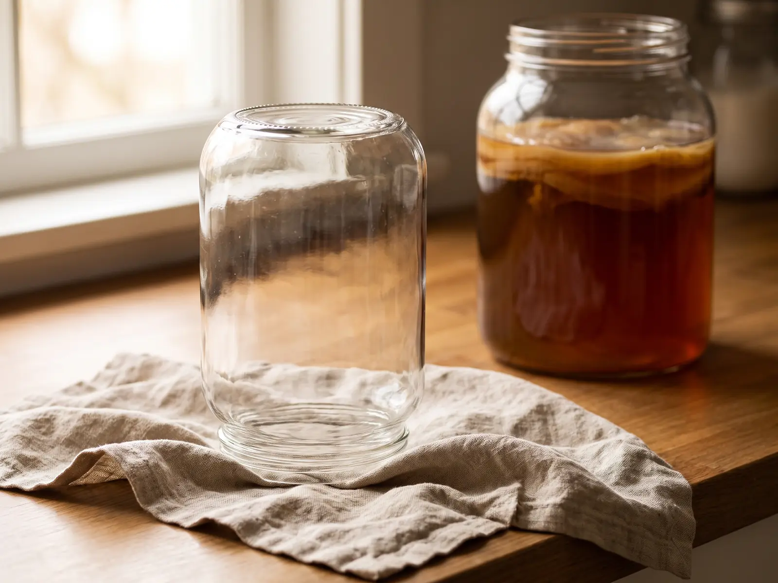 les bienfaits du kombucha pour la santé Coin de préparation du kombucha avec un bocal vide qui sèche sur du lin et un SCOBY au fond.