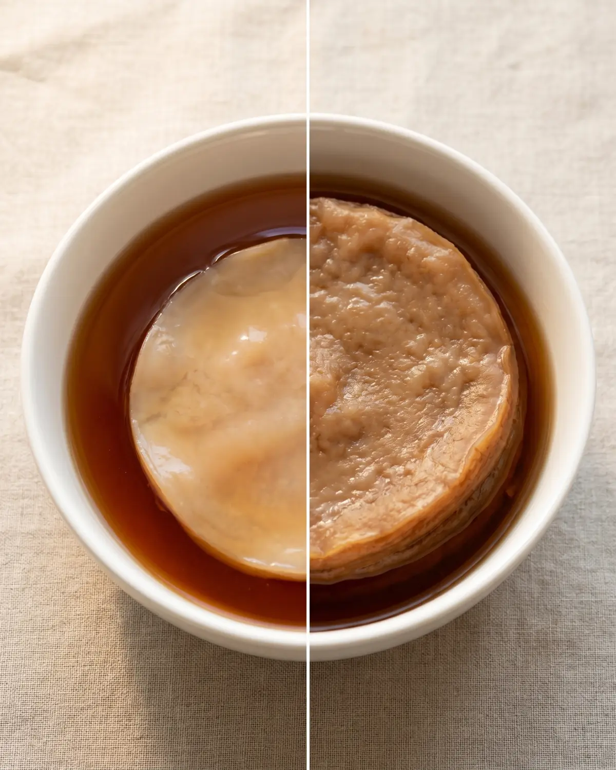 Deux SCOBYs dans des bols blancs montrent l&rsquo;&eacute;volution d&rsquo;une m&egrave;re de kombucha jeune puis plus &eacute;paisse.