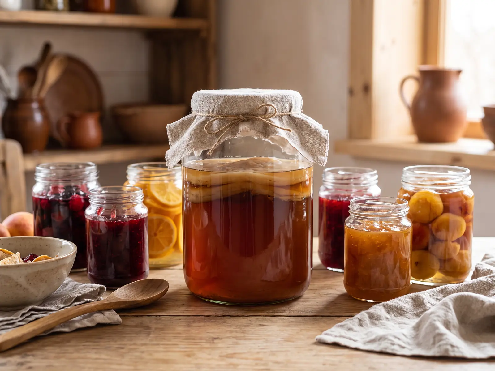Bocal de kombucha avec SCOBY sur une table de conserves maison, fruits et linge en lin.