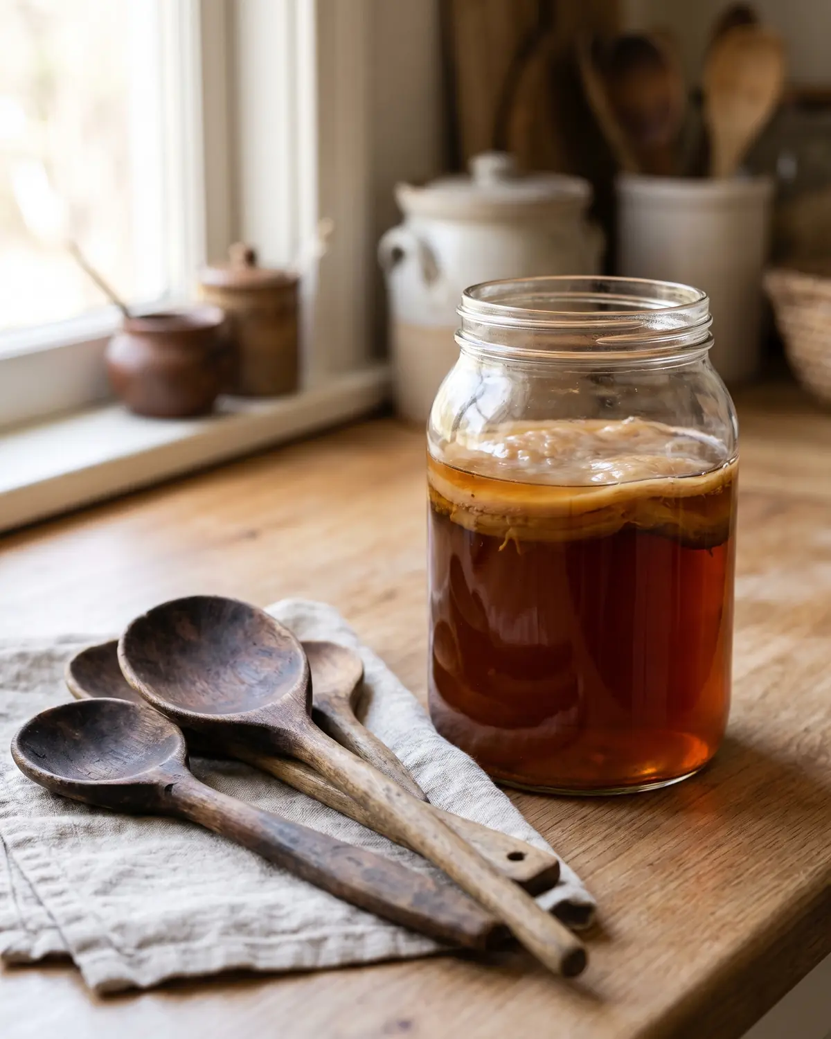 Cuill&egrave;res en bois s&eacute;chant pr&egrave;s d&rsquo;un bocal de th&eacute; ambr&eacute;, avec la m&egrave;re de kombucha en arri&egrave;re-plan