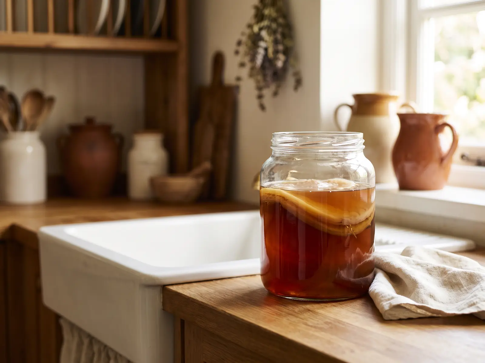 Bocal de kombucha avec SCOBY dans une cuisine, pr&egrave;s d&rsquo;un &eacute;vier blanc, d&rsquo;un tissu clair et de bois.