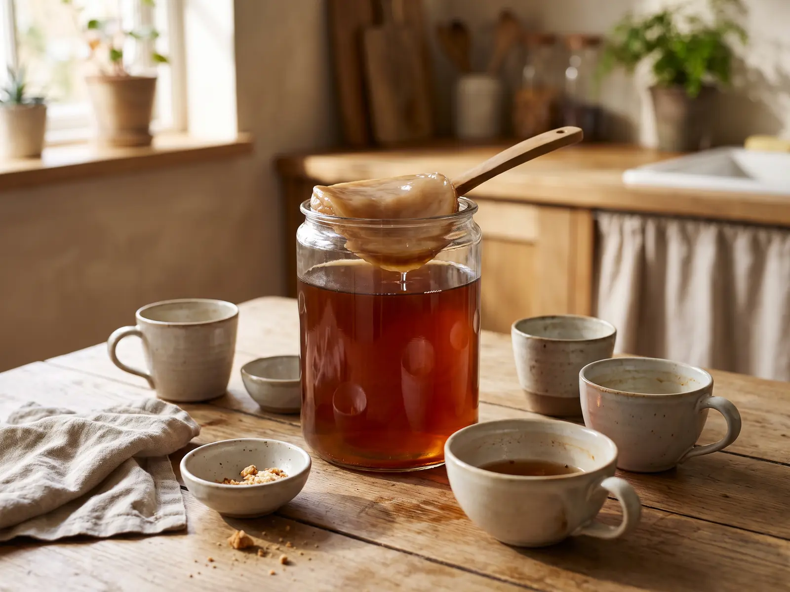 Bocal de kombucha au th&eacute; sombre avec SCOBY beige-brun, entour&eacute; de tasses en c&eacute;ramique vides.