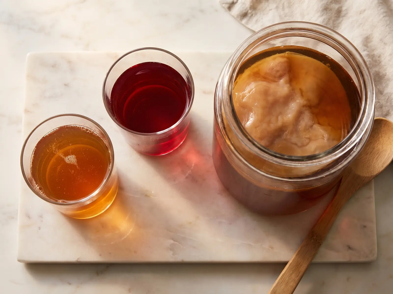 Deux verres de kombucha, l&rsquo;un ambr&eacute; et l&rsquo;autre &agrave; l&rsquo;hibiscus, pos&eacute;s sur du marbre clair.