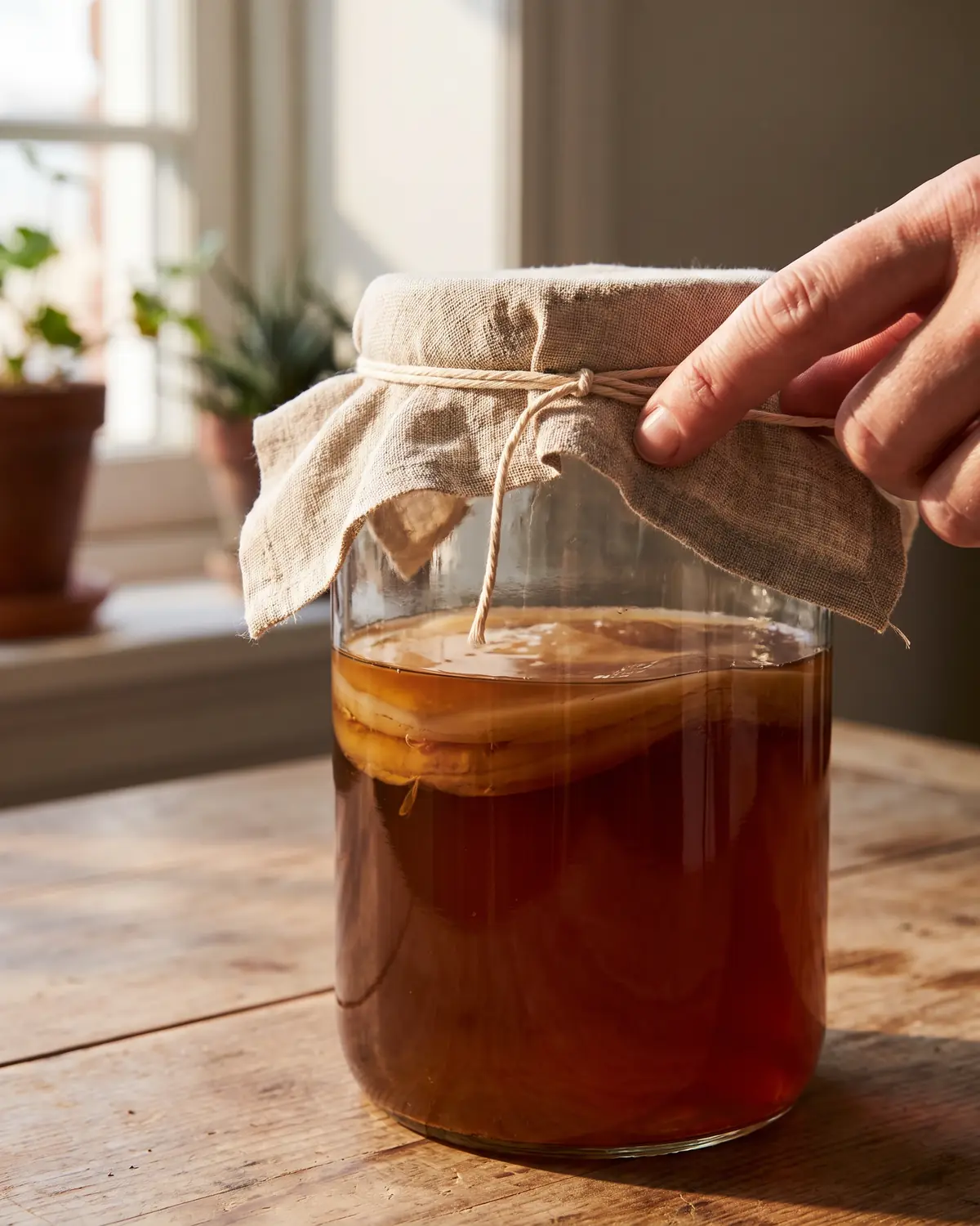 Deux doigts fixent une toile de lin sur un petit bocal de kombucha, avec le disque SCOBY visible.