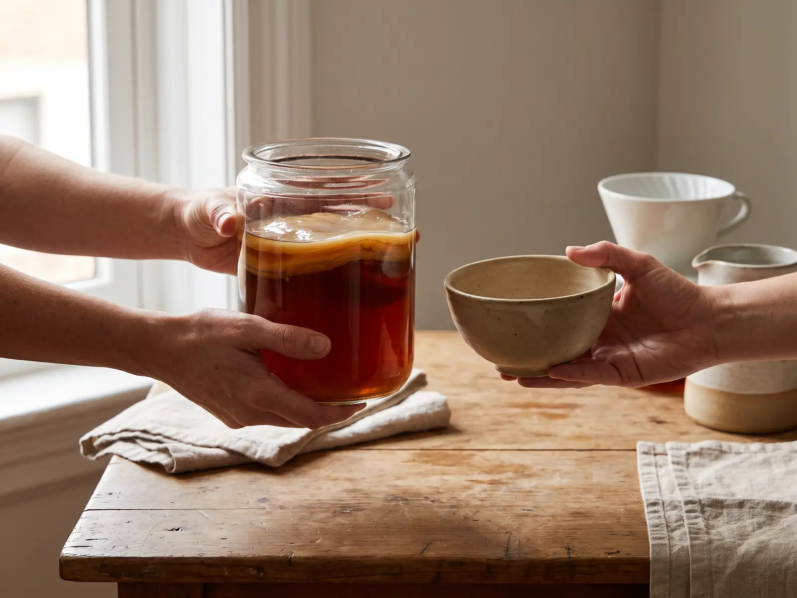 Deux mains &eacute;changent un bocal avec une m&egrave;re de kombucha et un bol beige dans une sc&egrave;ne de pr&eacute;paration maison.