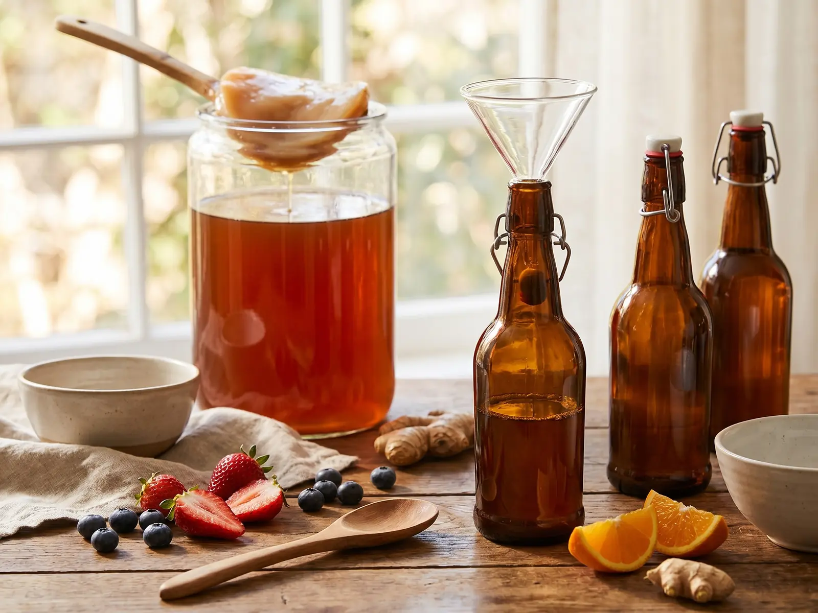 comment boire le kombucha pour maigrir Bouteilles de kombucha en préparation avec entonnoir en verre, fruits frais et cuillère en bois.