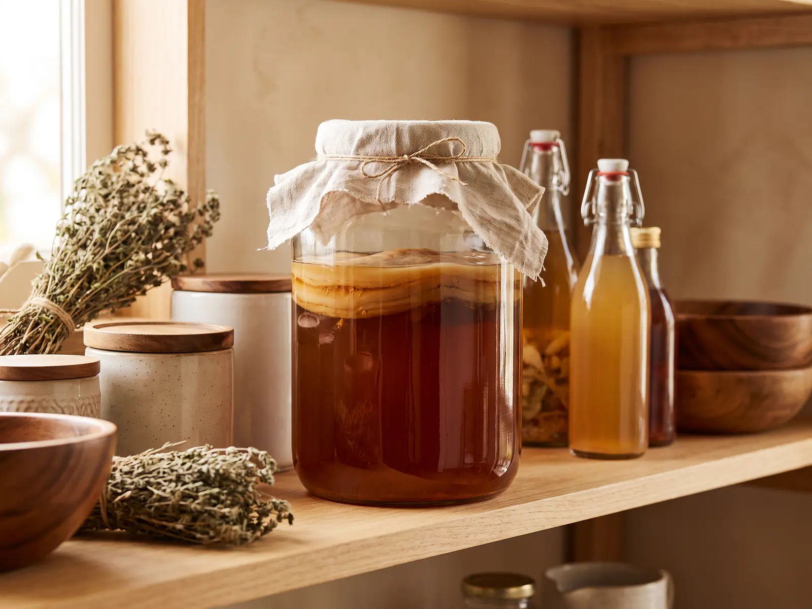 kombucha jared leto Tarro de kombucha avec SCOBY sur une étagère de cellier, posé sur du lin sous une lumière chaude